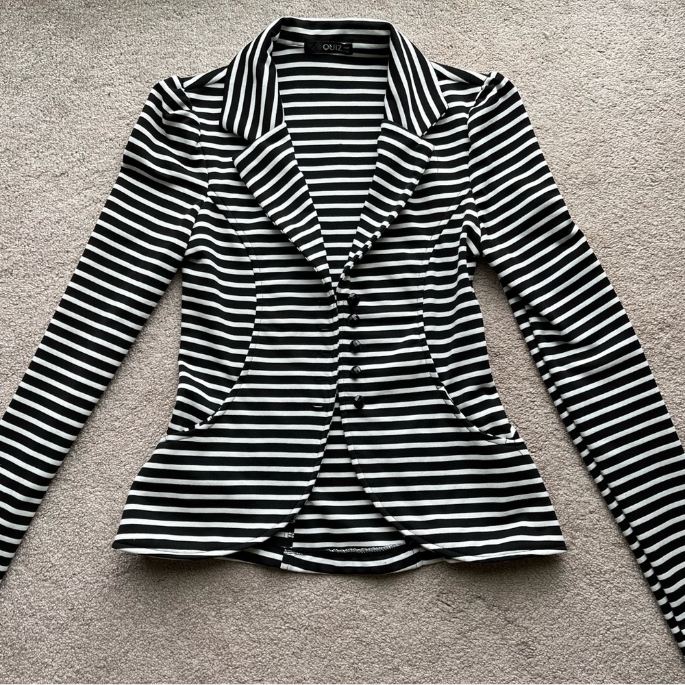 Quiz UK striped black and white stretch blazer button jacket S